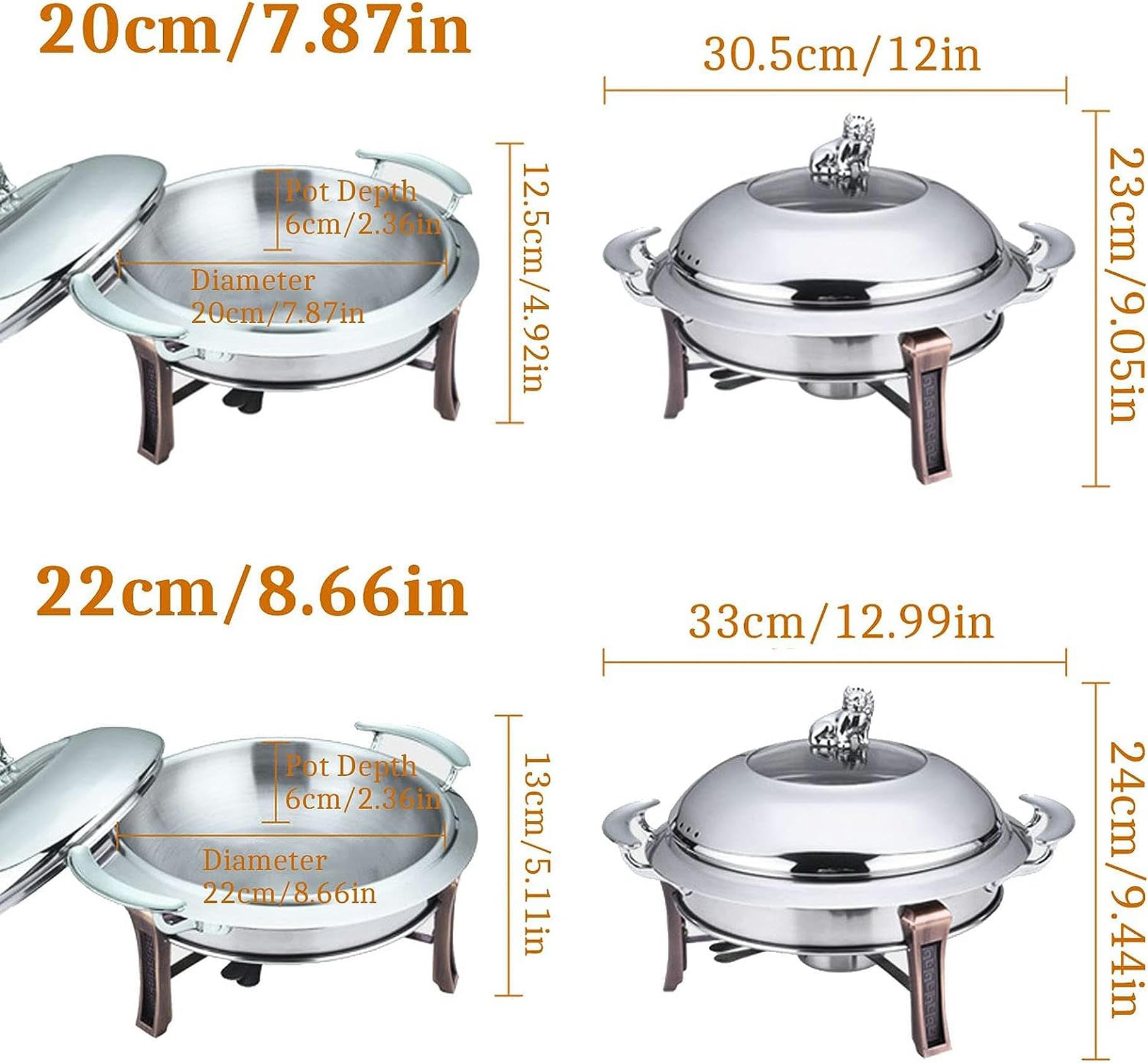 Chafing Dish rotondo di dimensioni standard, set di contenitori riscaldanti per buffet in acciaio inossidabile, con teglia per alimenti, coperchio e contenitore per combustibile, per catering, feste e
