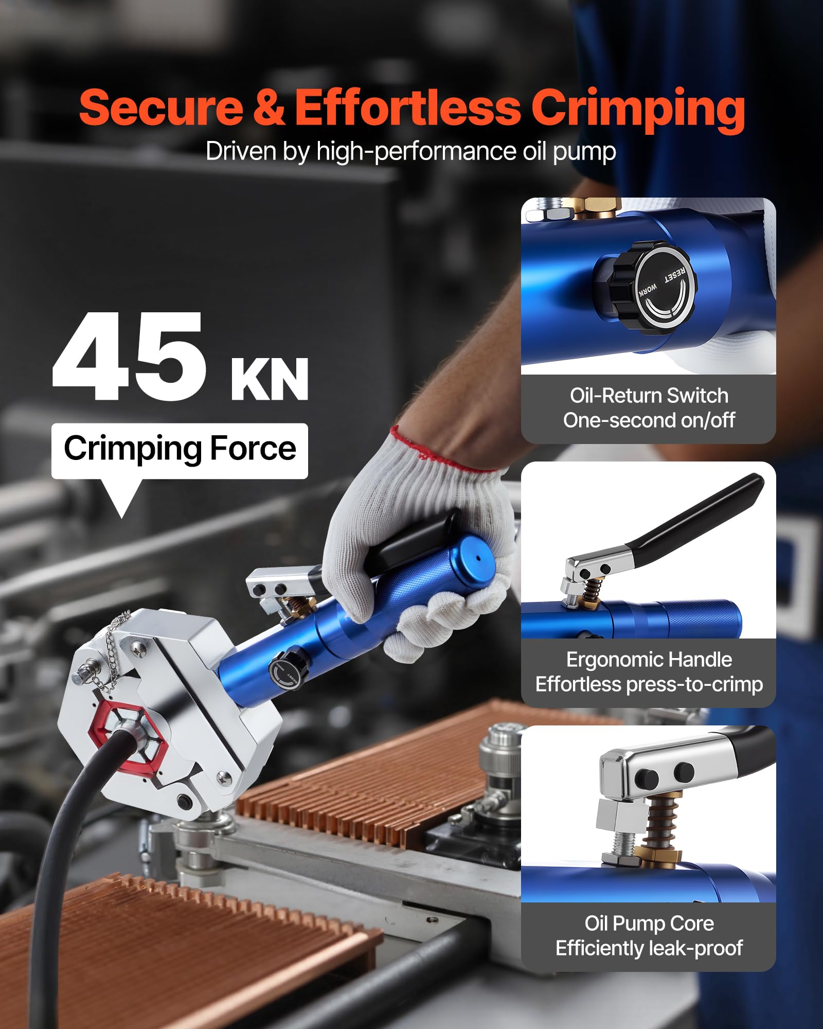 VEVOR Herramienta de Crimpado Hidráulico para Mangueras de Aire Acondicionado, con 7 Matrices, Estuche de Transporte, para Reparación de Aire Acondicionado Automotriz, 420 x 310 x 80 mm, sin Fugas