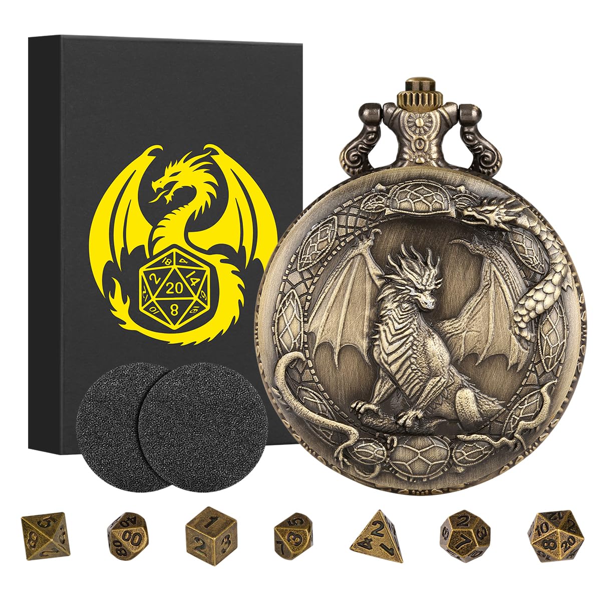 Mini DND Dice Set including Border Standing Dragon Pattern Pocket Watch Shell Case, DND Starter Set