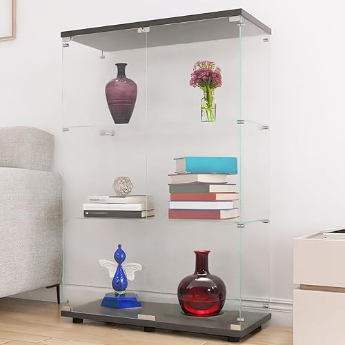 Vitrina con puerta de cristal y cerradura, 3 estantes de instalación rápida en 30 minutos de gabinete Curio con estantería de pie de vidrio templado