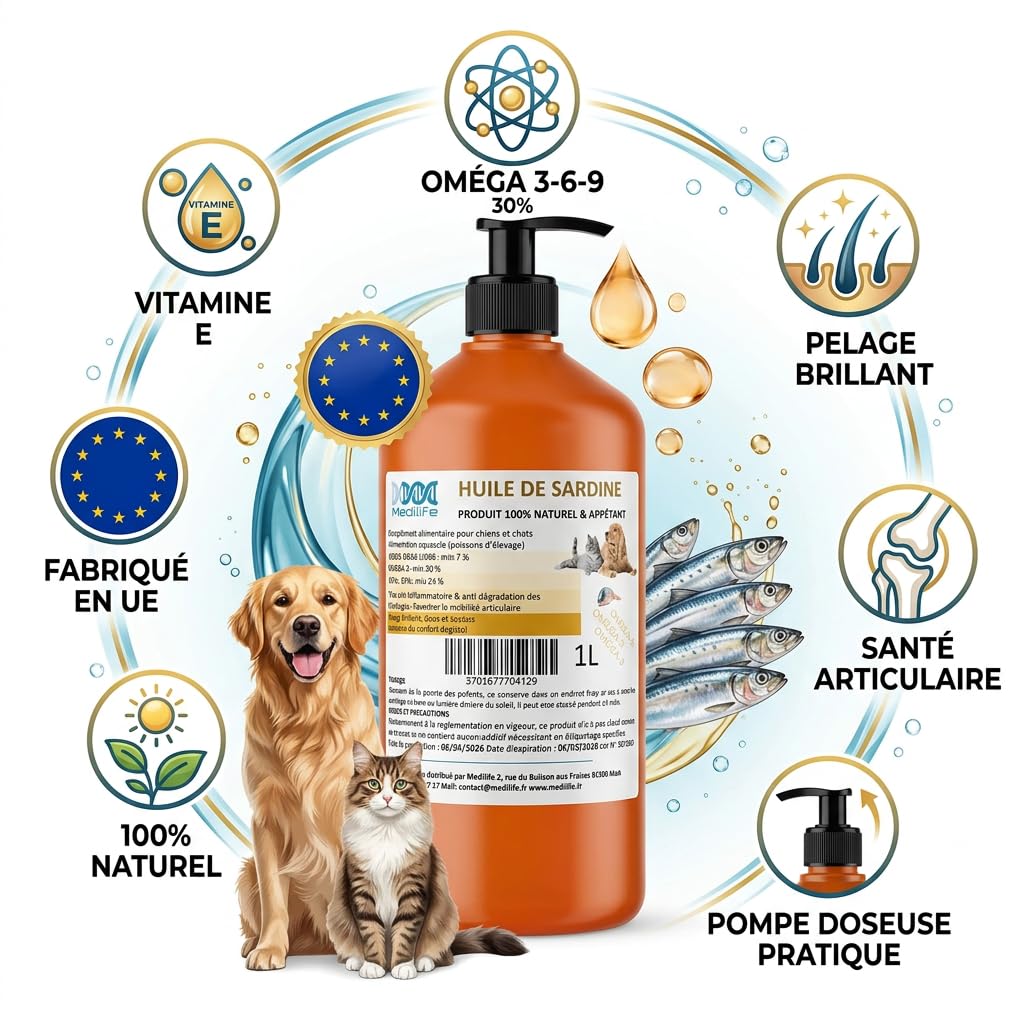 1L Huile de Sardine 100% Naturelle pour Chiens, Chats et Chevaux, Très Riche en Oméga 3-6-9 et Vitamines E | Fabriqué en UE