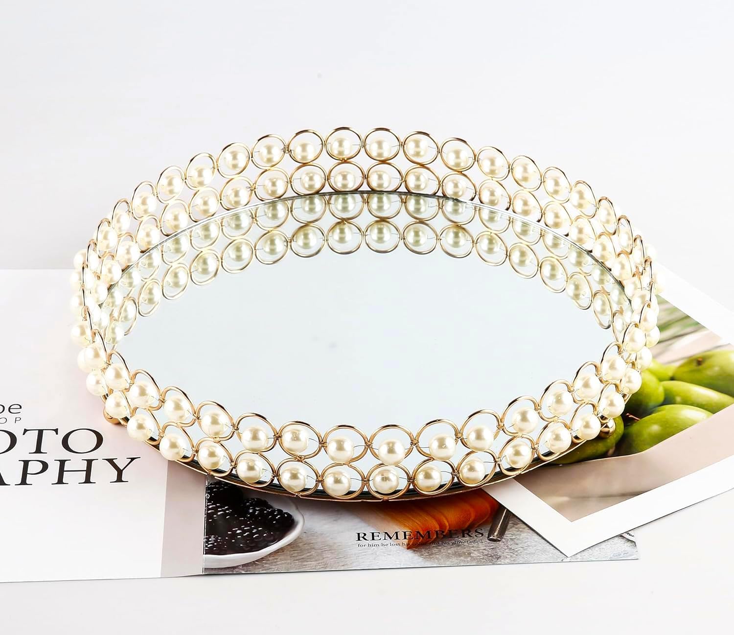 12 Inches / 30 cm Round Metal Mirror Perfume Tray for Bathroom Makeup Vanity Jewelry Cosmetics Storage Trays Mirror Pearl Fruit Display Tray