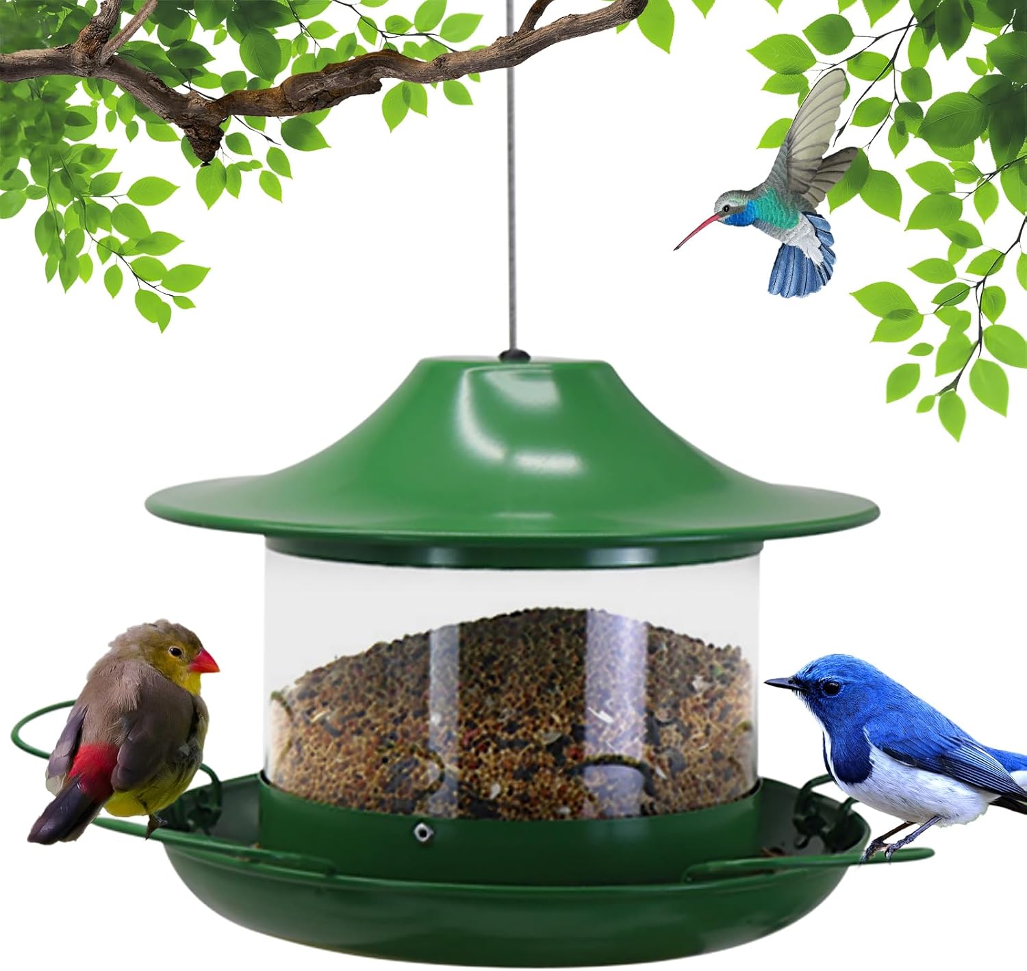 Metal Bird Feeder for Outdoors, Hanging Wild Bird Feeder with Spill-Proof Tray, All-Weather Outdoor Bird Feeder with Water-proof PVC Tube,Easy to Clean and Fill, 4.5Lb Capacity,Gifts for Outdoor Decor