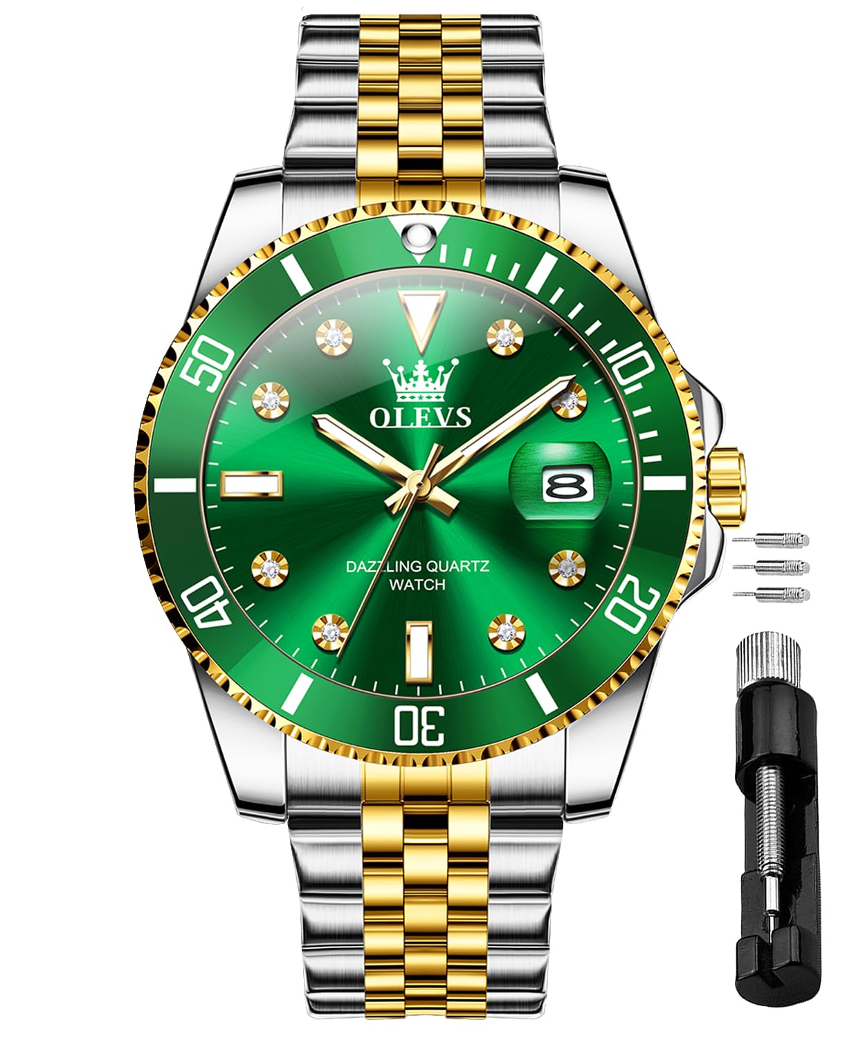 OLEVSMens Wrist Watch Green Big Face Luxury Dress Stainless Steel Analog Quartz Waterproof Chain Watch for Men Date