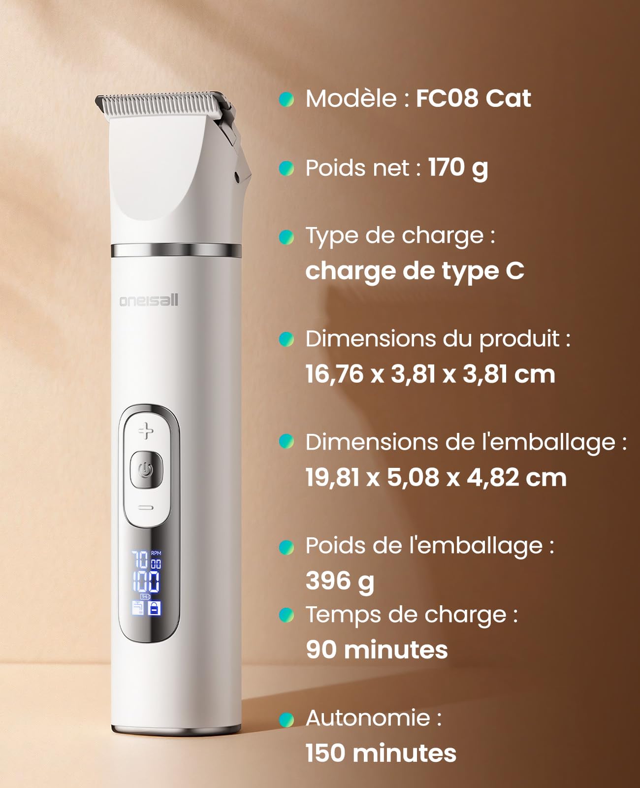 oneisall 3 en 1 Tondeuse Pour Chats et Chiens, écran LCD, Rasoir Silencieux Pour Chats, Tondeuse Professionnelle Pour et Chiens Sans Fil, Pour Pattes, Fesses, Nœuds, Crottes