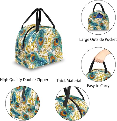 Miniatura 5 de Peacock Feather Lunch Tote Bag for Women Adult Men Gold Chains Insulated Lunch Box Small Leakproof Cute Lunchbox Cooler Bag Reusable Lunch Bag for