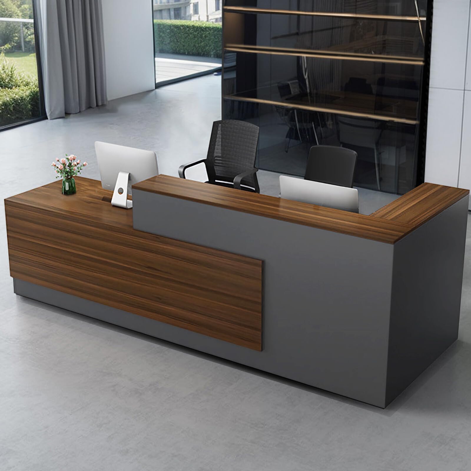 Modern L-Shaped Reception Desk with Hutch, Reception Counter Table, Lockable Drawer Door Cabinet, Office Wooden Computer Front Desk (Walnut+lron Gray-Right Cabinet, 70.87"L*23.62"W*41.34"H)