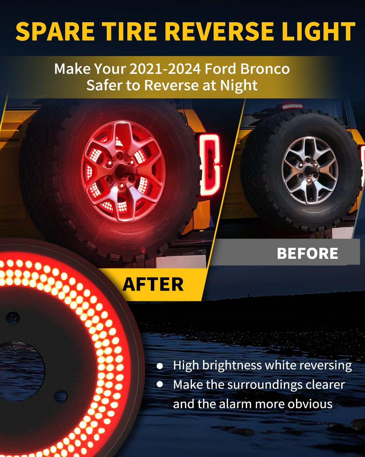 LED Spare Tire Brake for Ford Bronco 2021-2025, Plug & Play 3rd Third Brake Light Wheel Light with Large Lighting Surface, Red Brake + Reverse Light Dual Function