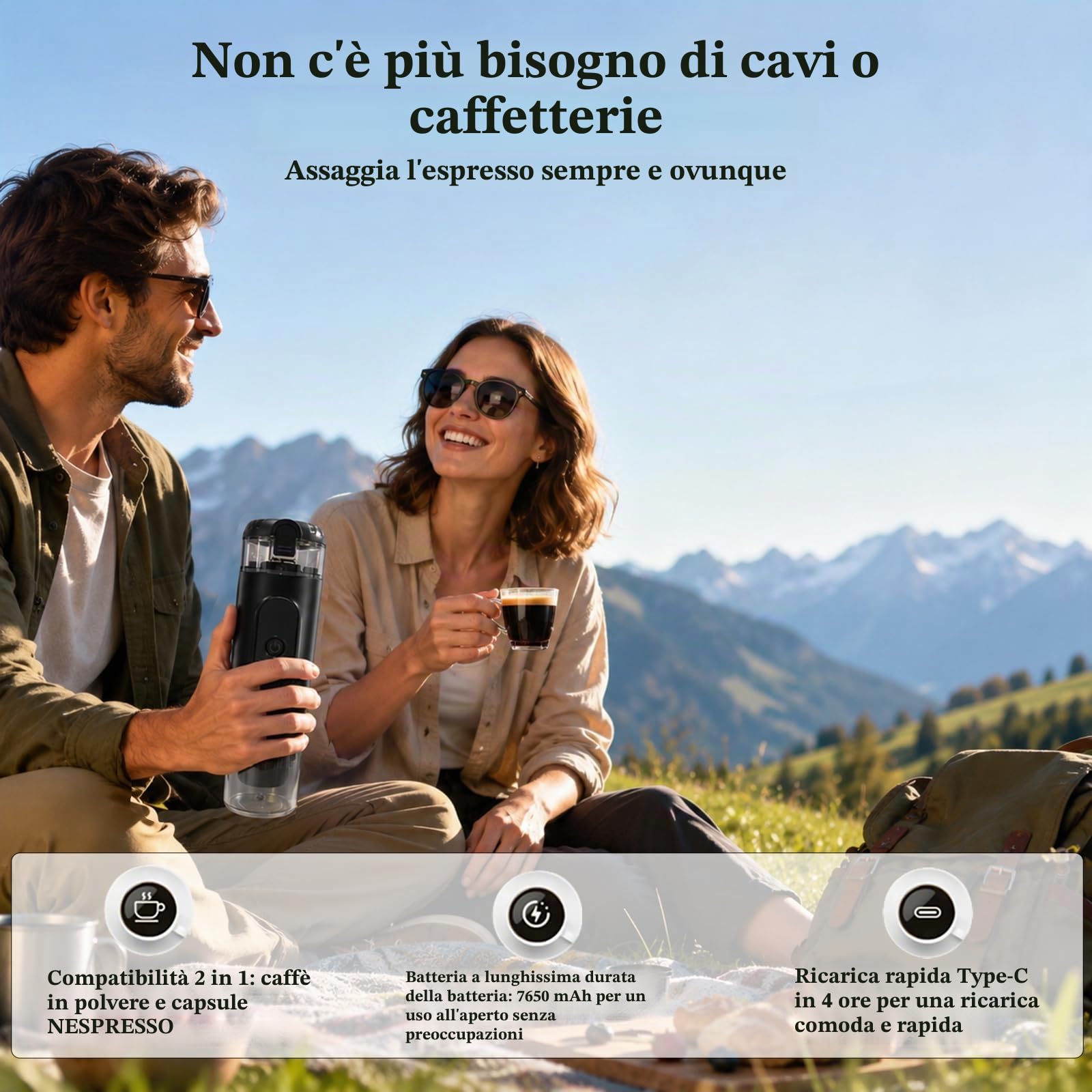 Macchina da caffè espresso portatile, 20 bar, ricaricabile, 2 in 1, per caffè macinato e capsule Nespresso, estrazione calda/fredda con tazza integrata, per campeggio, viaggi, ufficio e casa