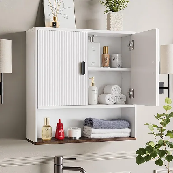 Butinsx Bathroom Wall Cabinet, Modern Medicine Cabinet with Adjustable Shelves, 2 Fluted Doors, Silent Soft-Close Hinges, White Storage Cabinet for Bathroom, Kitchen & Living Room