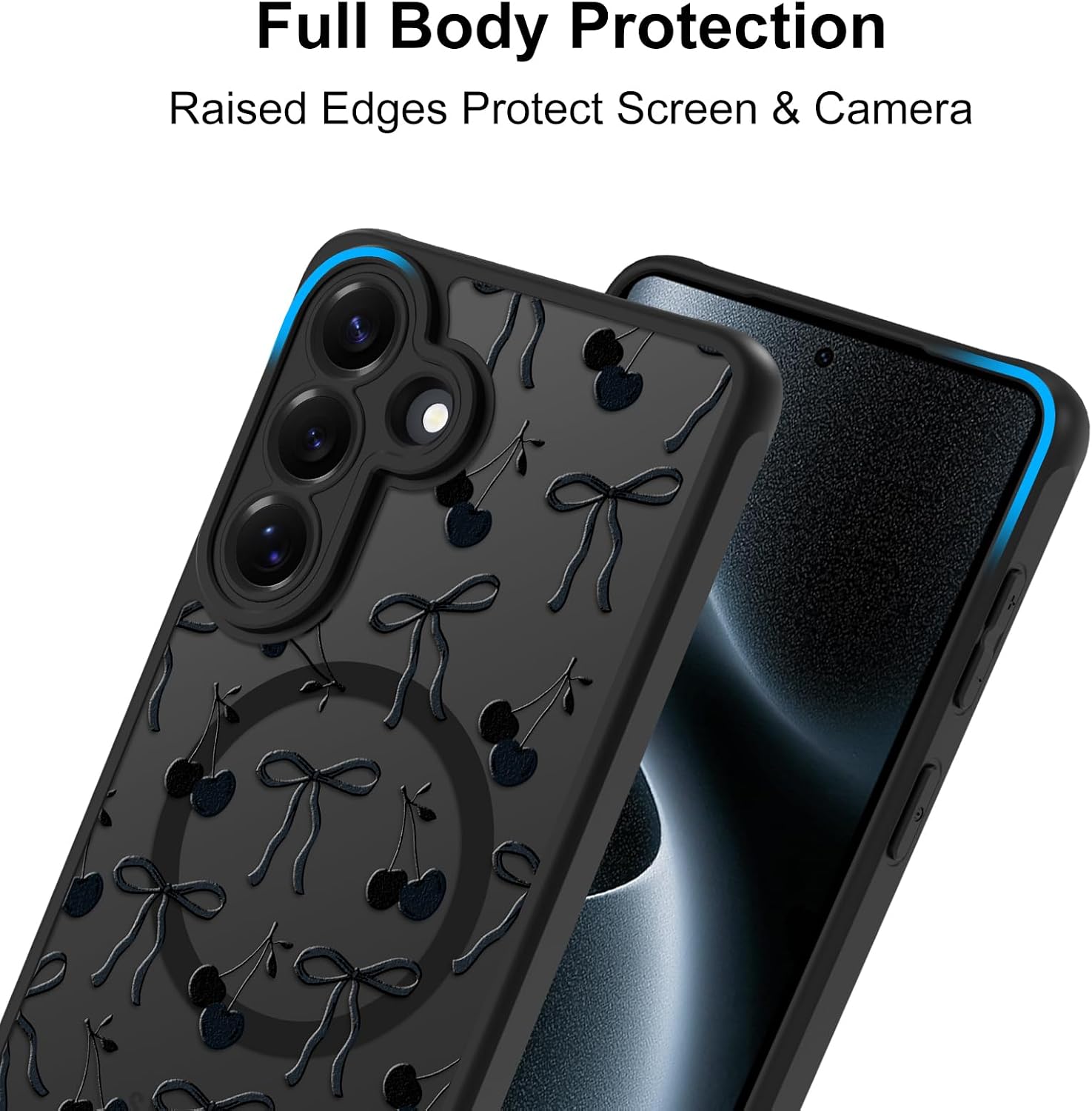MZELQ Magnetic Case for Samsung Galaxy S26 Plus, Clear Bow Cherry [Compatible with Magsafe Charging] Translucent Matte Hard Shockproof Camera Protection Cover for Women Men, Frosted Black