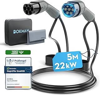 bokman Câble de Recharge Voiture Électrique Type 2 (22 KW, 5 Mètres), Étanche à la Pluie Charge Rapide et Sécurisée Compatible avec Model3/e-208/500-e (Câble T2)