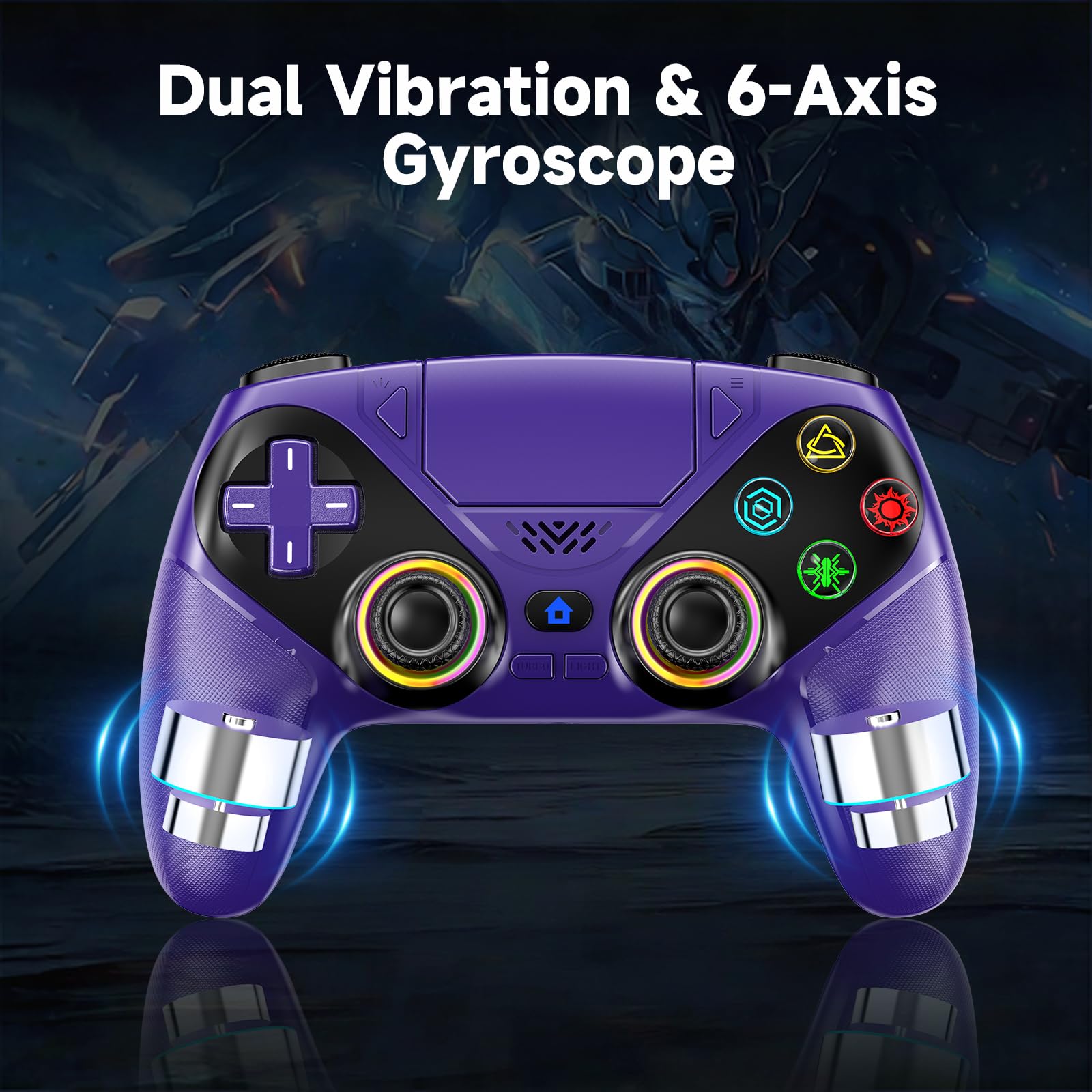 Controller wireless per PS5/PlayStation 5 e PC - Viola, gamepad Bluetooth con Turbo, sensore di movimento a 6 assi, pulsanti programmabili, illuminazione RGB, jack audio da 3,5 mm