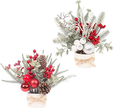 JIALEIXI 2PCS Small Christmas Tree,11" Artificial Little Potted Mini Tabletop Tree Christmas Decorations, for Wedding Holiday Indoor Xmas Party Decor Red/Green/White.