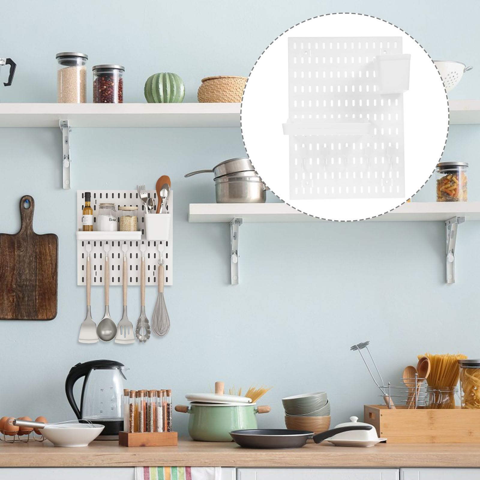 NOLITOY Set Pannelli Forati da Parete senza Foratura, Organizer Cucina e Bagno in Plastica Resistente Bianco, Espositore Multifunzione per Utensili e Accessori Casa