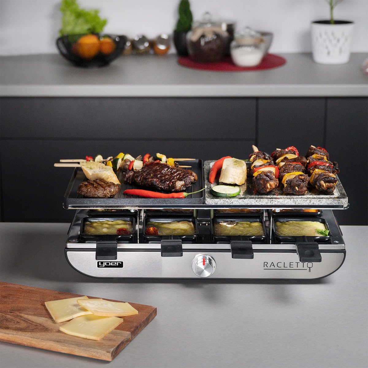 Yoer Racletto ERG04S, Elektryczny Grill Raclette 4w1, 1400W, 8porcji, zestaw, 3 sposoby grillowania, 5 poziomów temperatury, granitowa płyta, termostat,