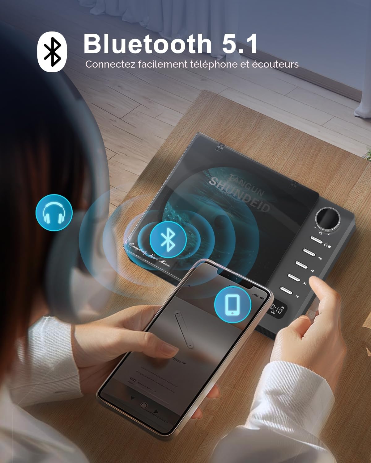Leapwell Lecteur CD portable Bluetooth avec haut-parleurs pour la maison et casque personnel