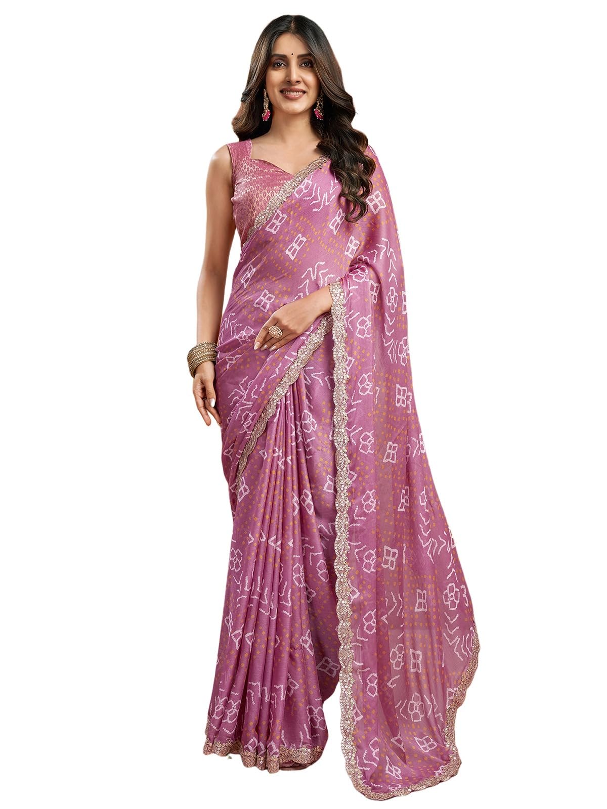 Satrani Women's Chiffon Bandhani Printed Saree With Unstitched Blouse Piece (4011S6285N_Dusty Pink)