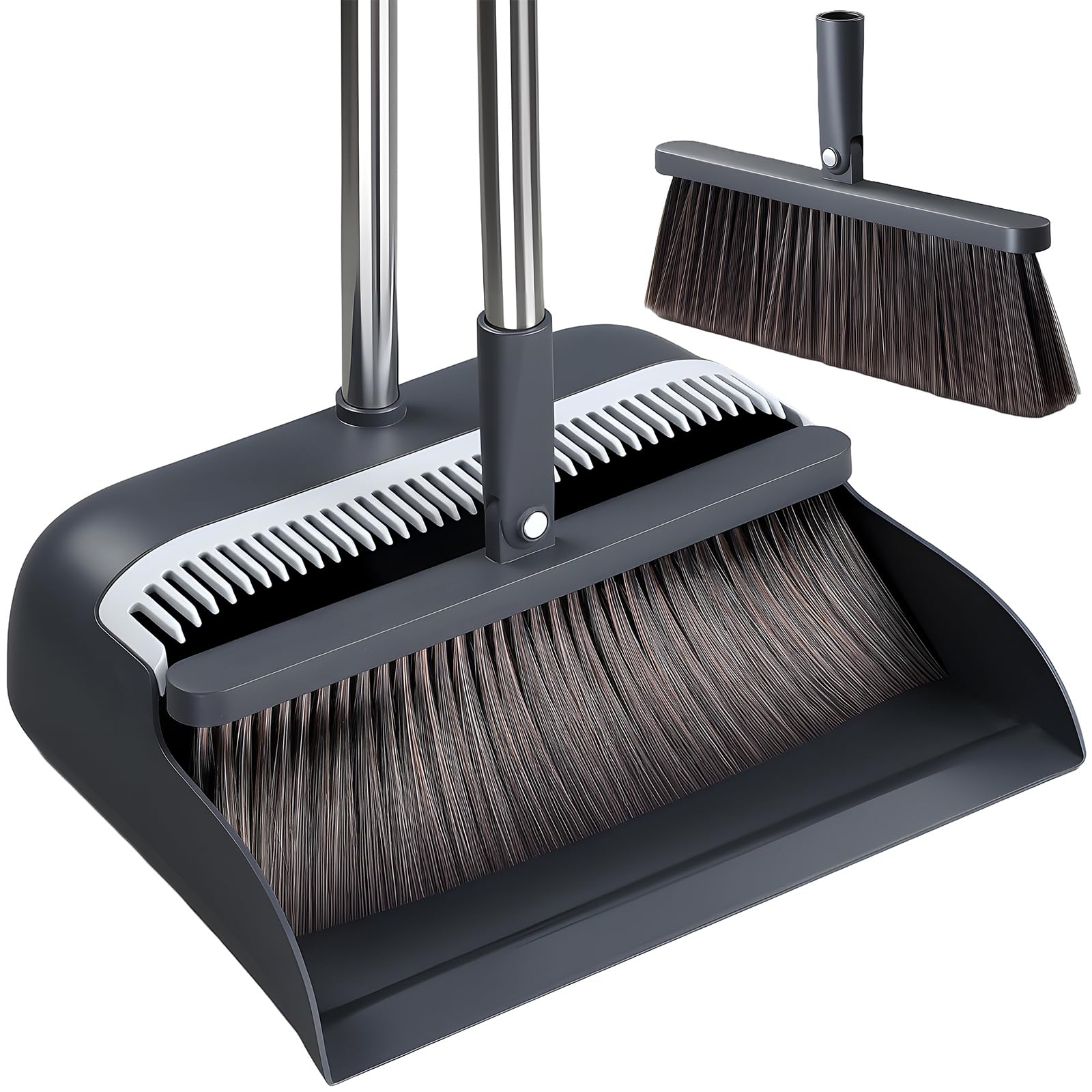 CTIME Besen und Kehrschaufel Set, 132cm Verstellbarer Langer Stiel mit, Ersatzbürstenköpfe, 180 Grad Drehbar Kehrmaschine und Kehrschaufel Combo Für Büro, Küche, Flur, Boden, Garten und Mehr