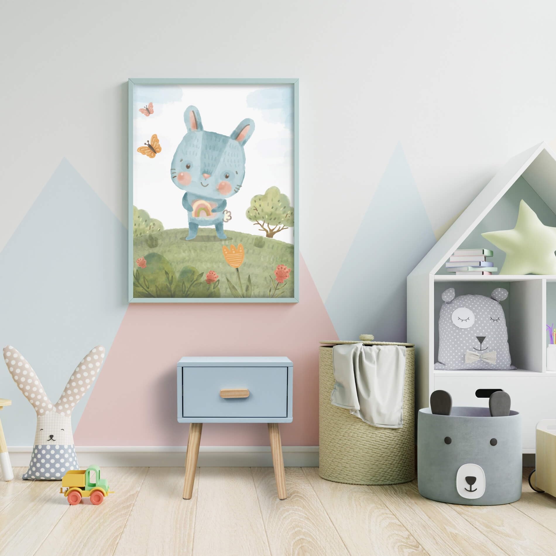 Rebecca Mobili Mesita de Noche para Habitación Infantil, Mesita con 1 Cajón, Celeste Marrón, MDF Pino, para Cama Montessori, Estilo Escandinavo - Dimensiones AxAnxFon: 44 x 35 x 35 cm - Art. RE7142