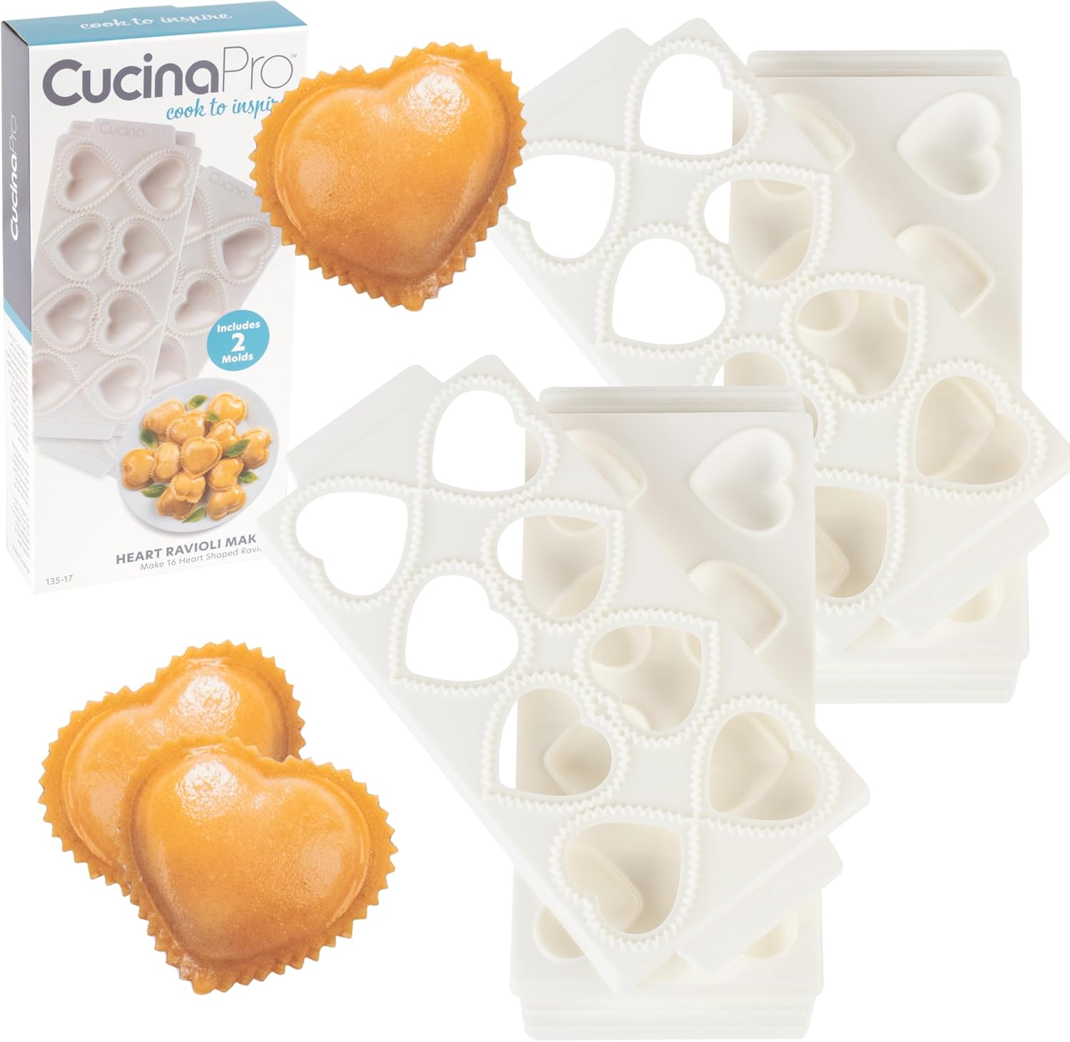 Mini Heart Ravioli Molds (2 PK)- Homemade Filled Pasta Maker- 2 pc Tray & Press makes 8 XL Stuffed Raviolis, Easy to Use & Clean- Add Love to your Italian Dinner- Cute Housewarming Gift, Date Night