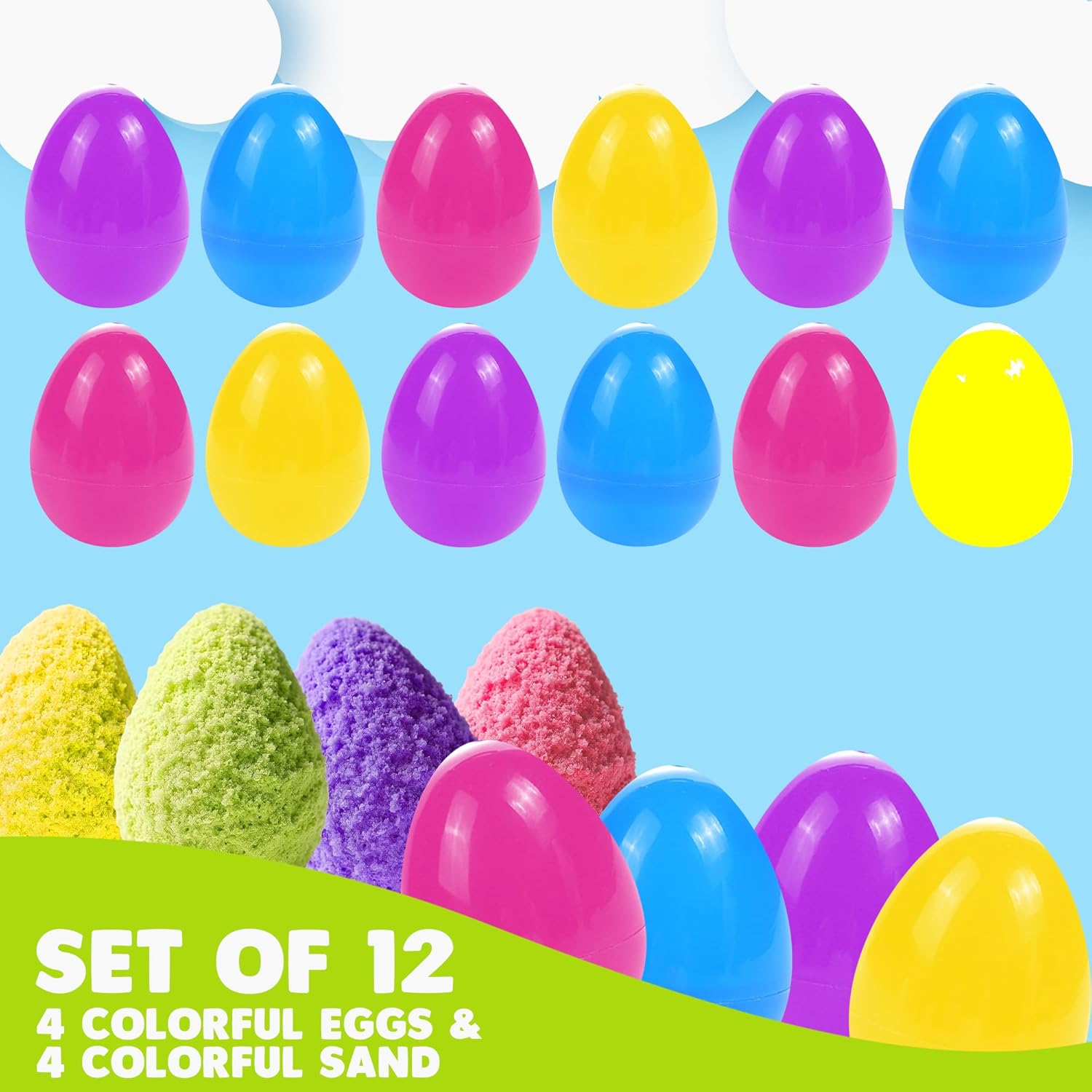 ArtCreativity Magic Sand Easter Eggs - Set of 12 Pre-Filled Easter Eggs - Easter Stuffers - Colorful Surprise Eggs for Kids in Assorted Vibrant Colors - Egg Hunt Supplies - Easter Basket Stuffers