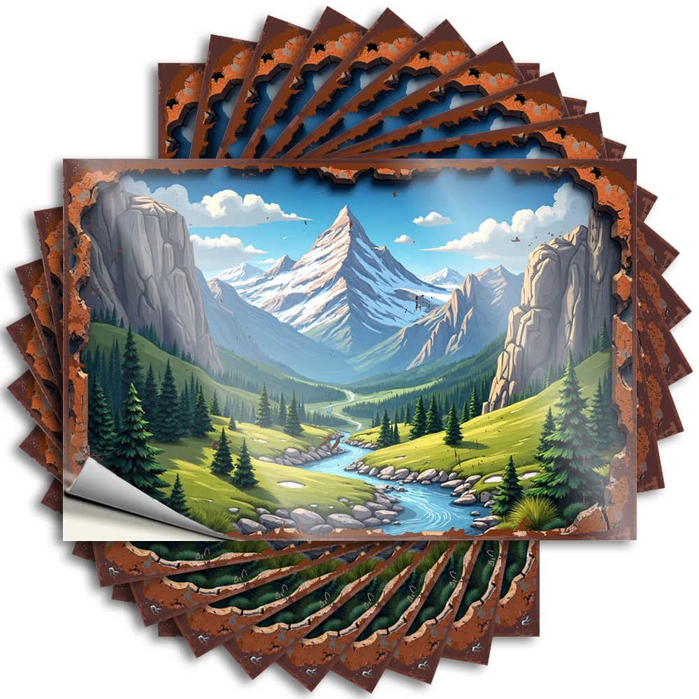 Sticker Cover Scratch Resistant Decals, Summer Matte Print for Phone Case Interesting | New Uv Proof Pack Mountain Valley with River and Snow-Capped Peaks(6X9CM)