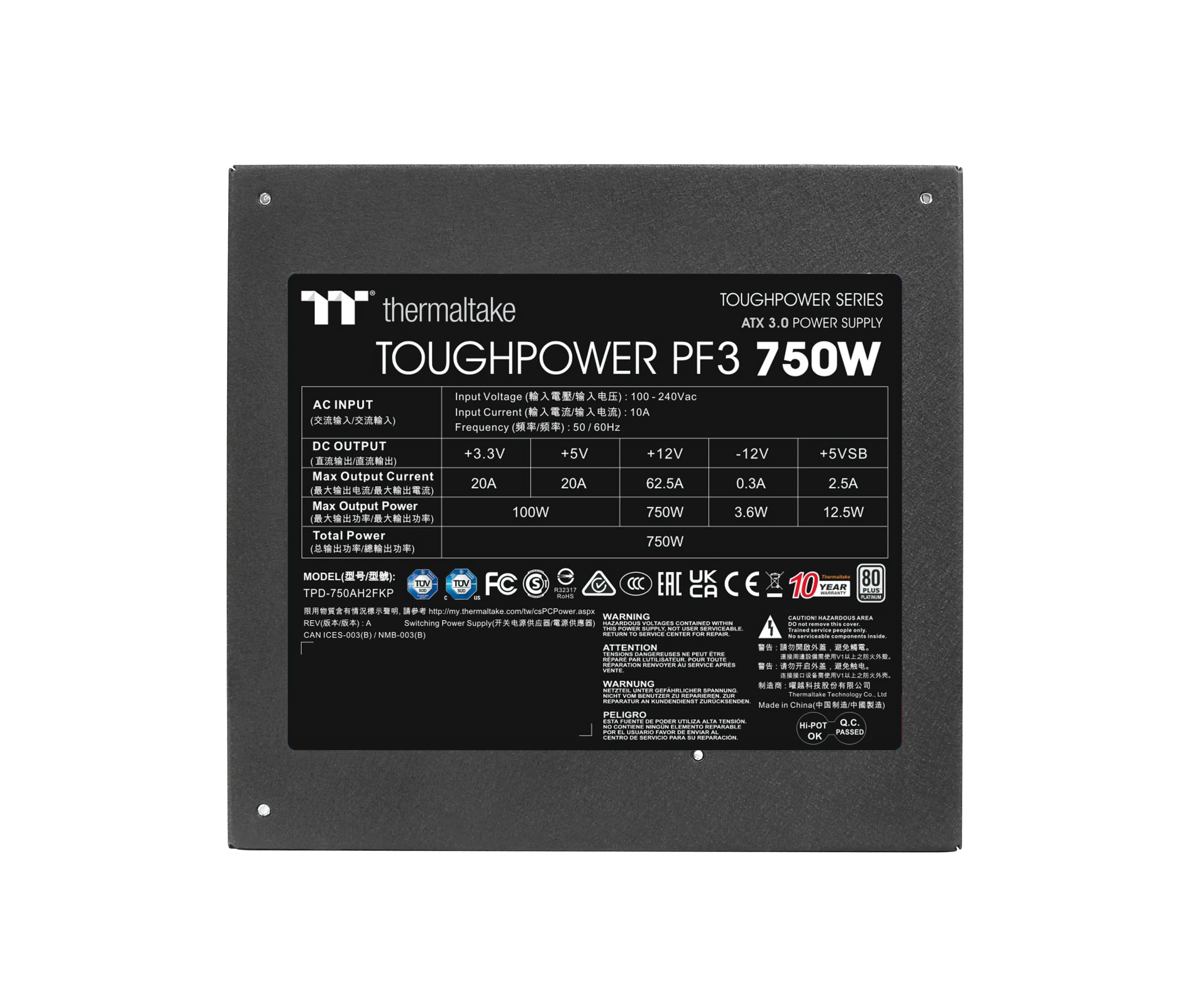 Thermaltake Toughpower PF3 0750W Gen 5 | ATX 3.0 | PCIe Gen 5 ready | Smart Zero Fan | 80 Plus Platinum | Fully Modular