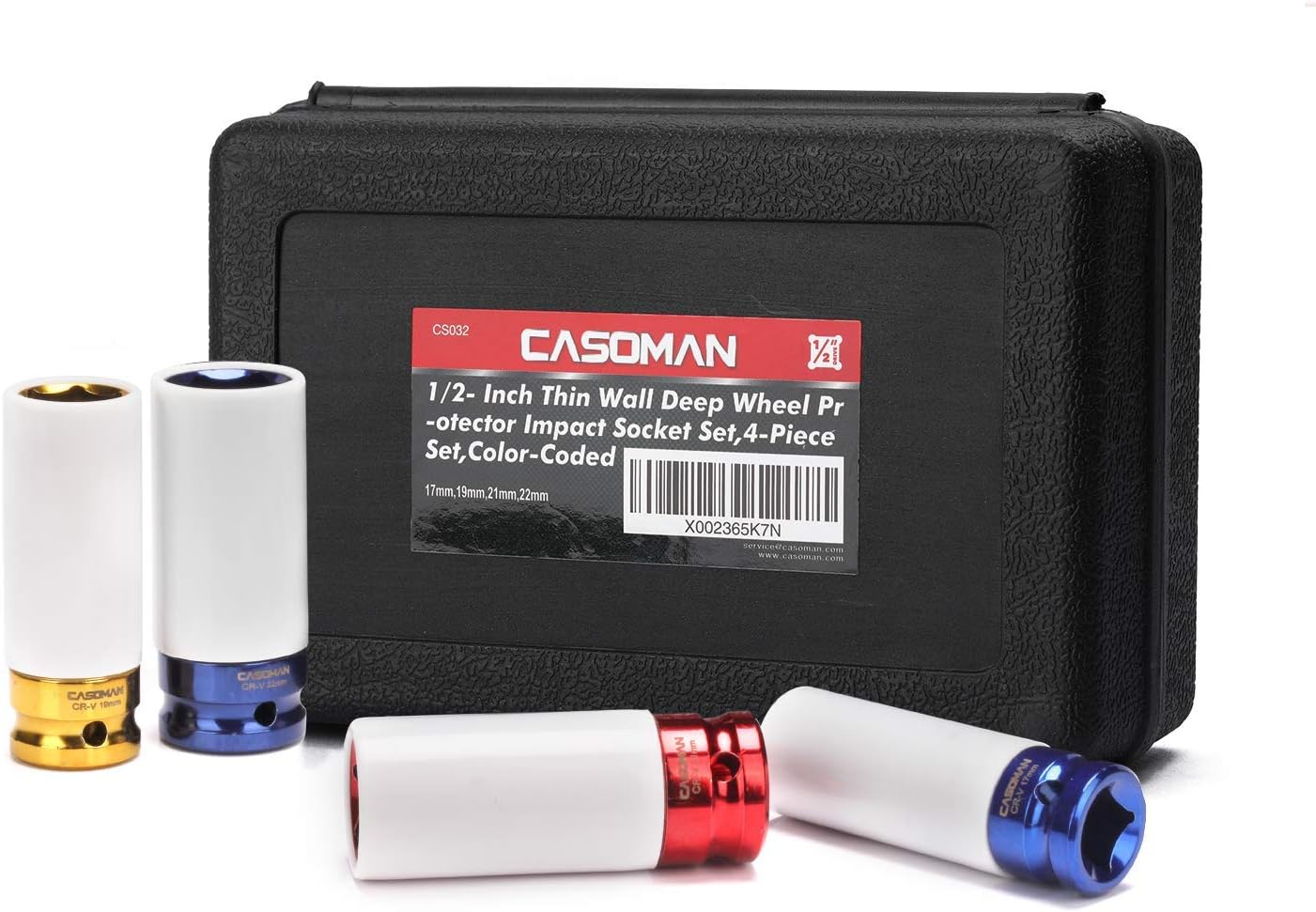 CASOMAN 1/2- Inch Drive Wheel Protector Impact Socket, 1/2" Thin Wall Deep Impact Socket Set Plastic Sleeve Lug Nut, 4 Pieces Set, 6 Point,Metric, 17mm,19mm,21mm,22mm & 1/2- Inch Drive Wheel Protector