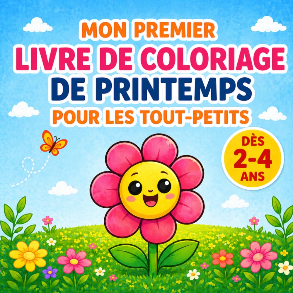 Mon premier livre de coloriage de printemps dès 2 ans: Grands dessins simples avec fleurs, animaux et papillons pour petites mains