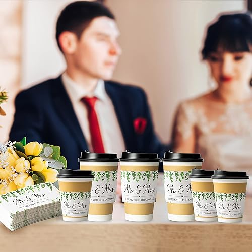 Miniatura 5 de Haooryx 50 fundas desechables de papel kraft para tazas de café de eucalipto para boda, para bebidas frías y bebidas de café de 12 onzas y 16 onzas