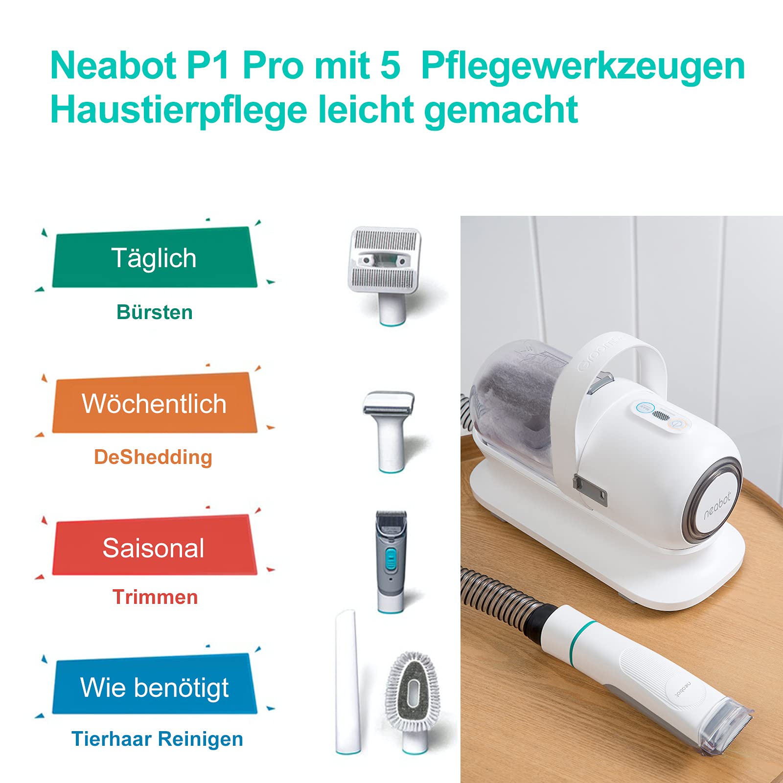 Neakasa P1 Pro Hundeschermaschine mit Tierhaar Staubsauger 13000 Pa Haustierpflegeset, leise Schermaschine Hund Katze Tierhaarschneidemaschine Tierhaarentferner, 5 bewährten Pflegewerkzeugen