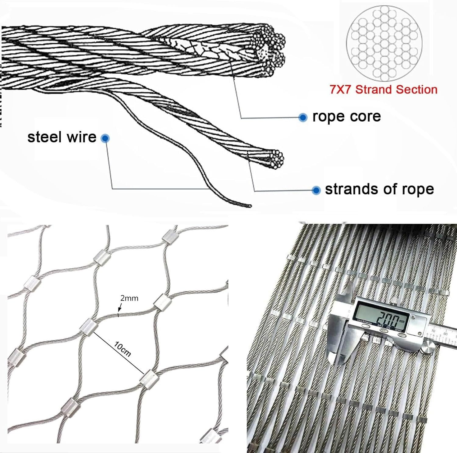 Malla de Cuerda de Acero Inoxidable Flexible for jaulas de zoológico, Vallas, Balcones, escaleras, Malla de protección de Cable de Acero (tamaño: 2,5 x 2 m)