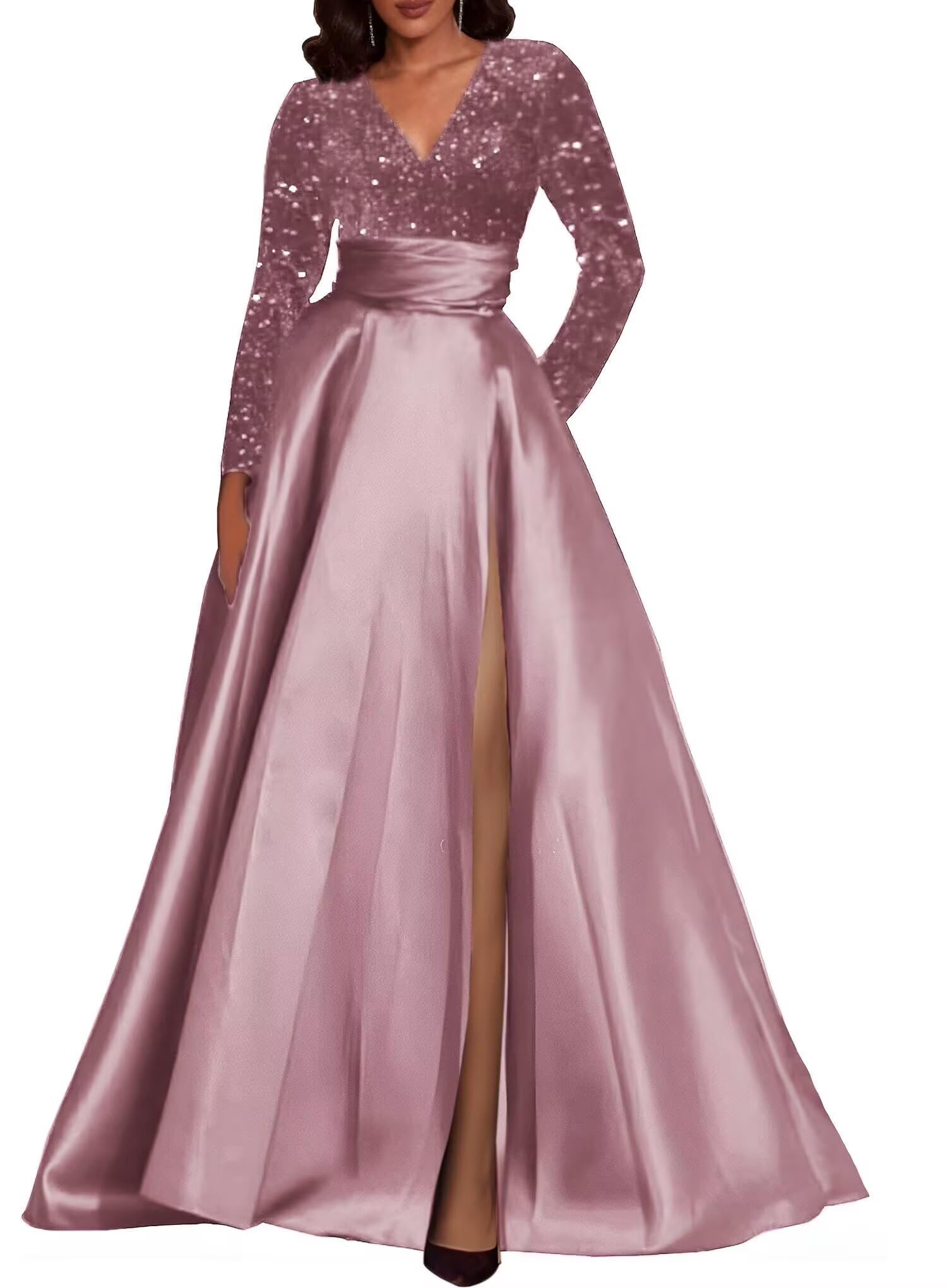 Satin Sequin Mother of The Bride Dresses for Women V Neck Elegant Long Sleeve Sparkly A Line Evening
