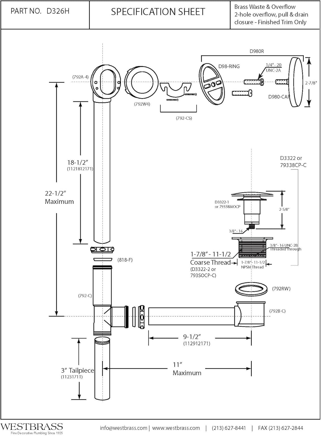 Westbrass European Tip-Toe Bath Waste - Hidden Overflow -22 in. Make-Up, 17 Ga., Powder Coat White, D326H-50