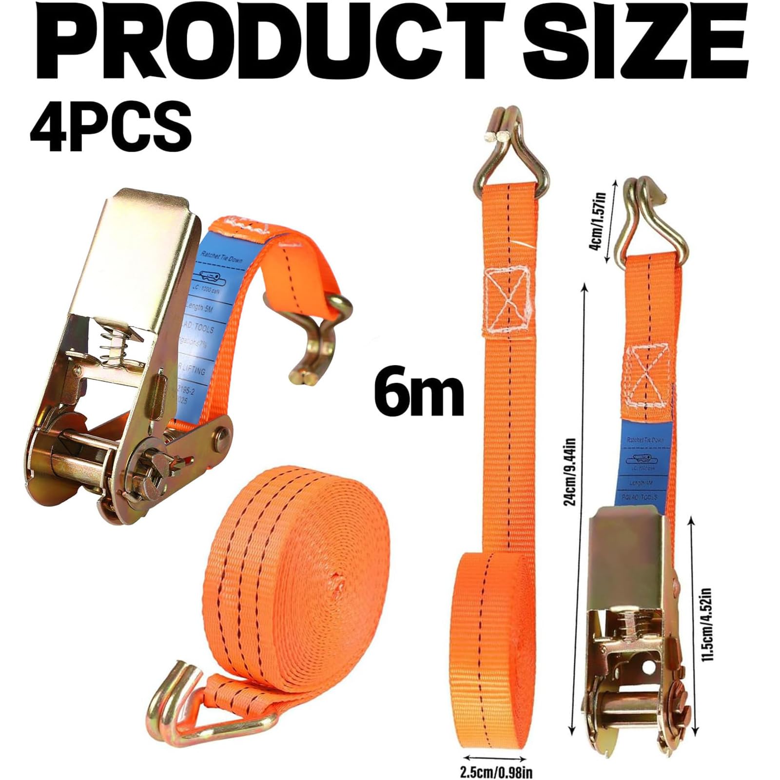 Sangle a Cliquet, 4 Pièces Sangles d'arrimage à Cliquet Sangle Longueur 6 m,Largueur 25 mm, Sangles de Serrage avec Tendeur à Cliquet pour Remorque, Moto, Voiture, Quad, Camion (Orange)