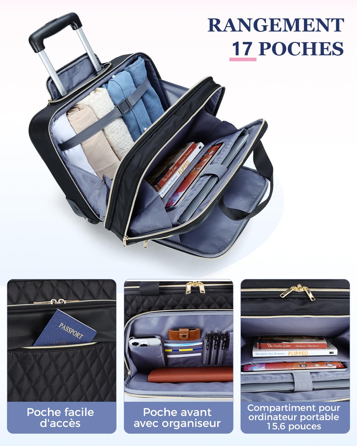 Ponhog Sacoche à roulettes pour Ordinateur Portable 15,6 Pouces, Business Trolley Sac de Voyage Femme Souple pour Affaires et Loisirs Les Voyages, Le Travail et l'école, Noire