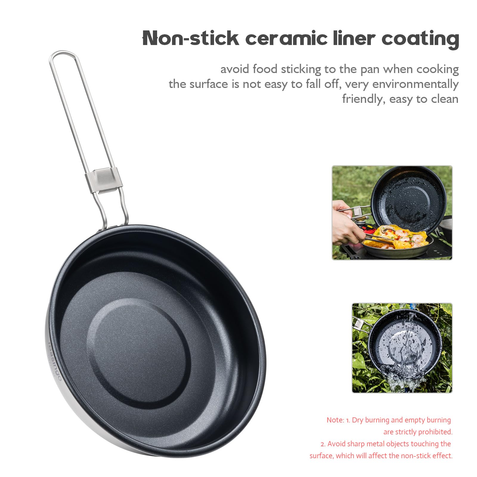 iBasingo 22 cm Camping Bratpfanne 1500ml Titan Antihaft Pfanne mit Klappgriff Tragbar Leichtes Kleine Teller Griddle Wandern Skillet Outdoor Backpacking Kochgeschirr für Gebratenes Ei Steak Ti2070C