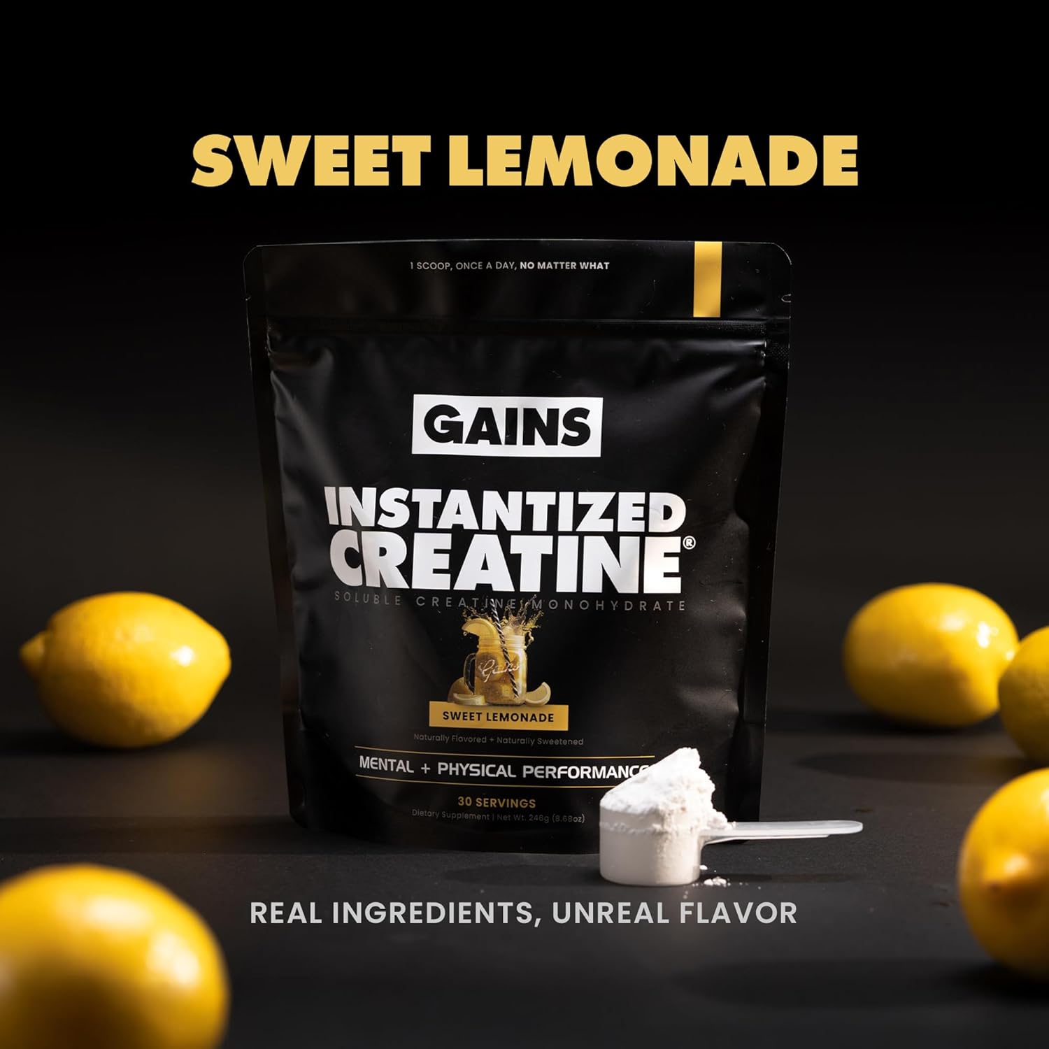 Gains in Bulk Instantized Creatine Monohydrate for Men & Women, Soluble Pre Workout Powder, Supports Muscle Building, Strength and Performance, Bodybuilding Supplements, Sweet Lemonade, 30 Servings