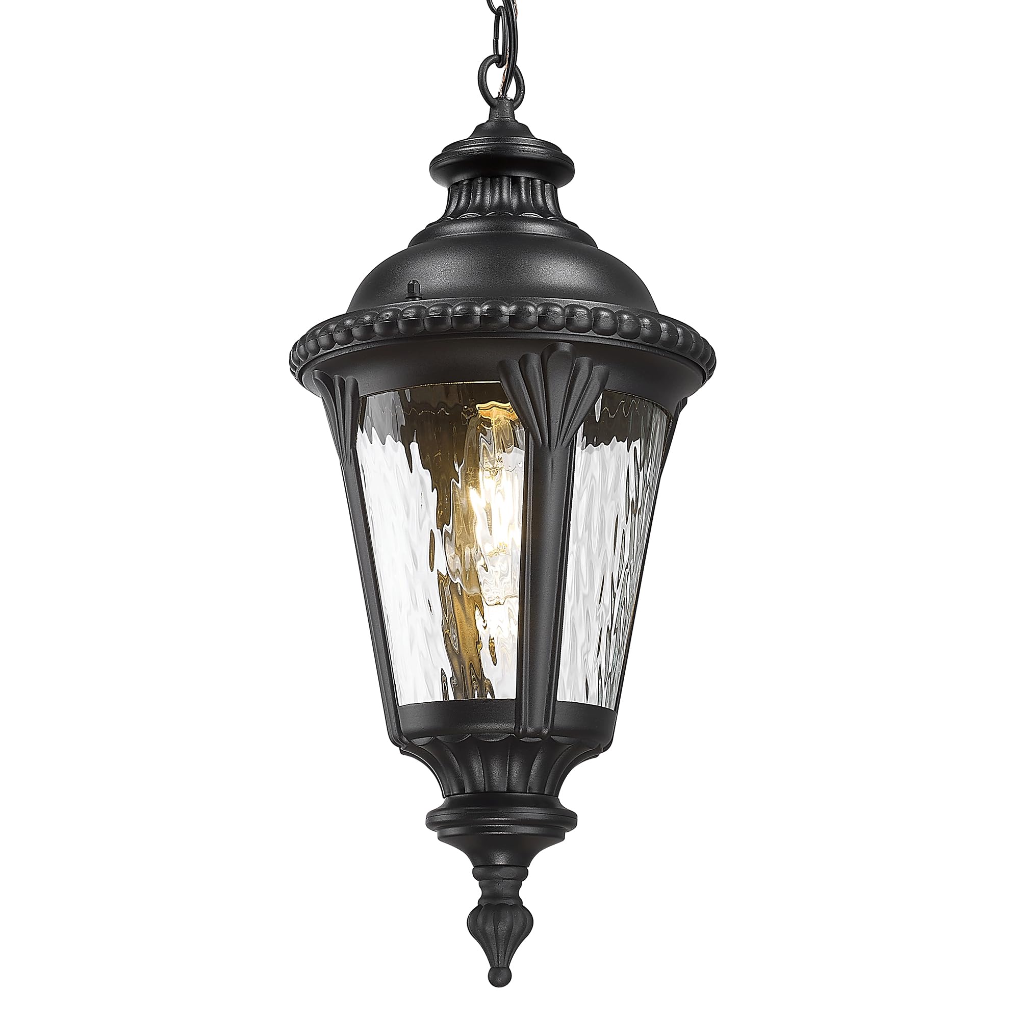 Emliviar 21.3 Inch Modern Hanging Light Fixture, Adjustable Black Outside Pendant Light Fixture with Water Ripple Glass Shade for Patio, XE265H-M BK-SW
