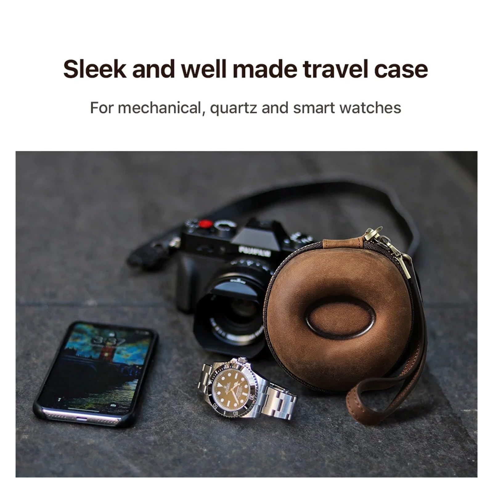 Boîte de rangement pour montre portable en cuir véritable avec fermeture éclair pour ranger pièces de monnaie et montre connectée (café)