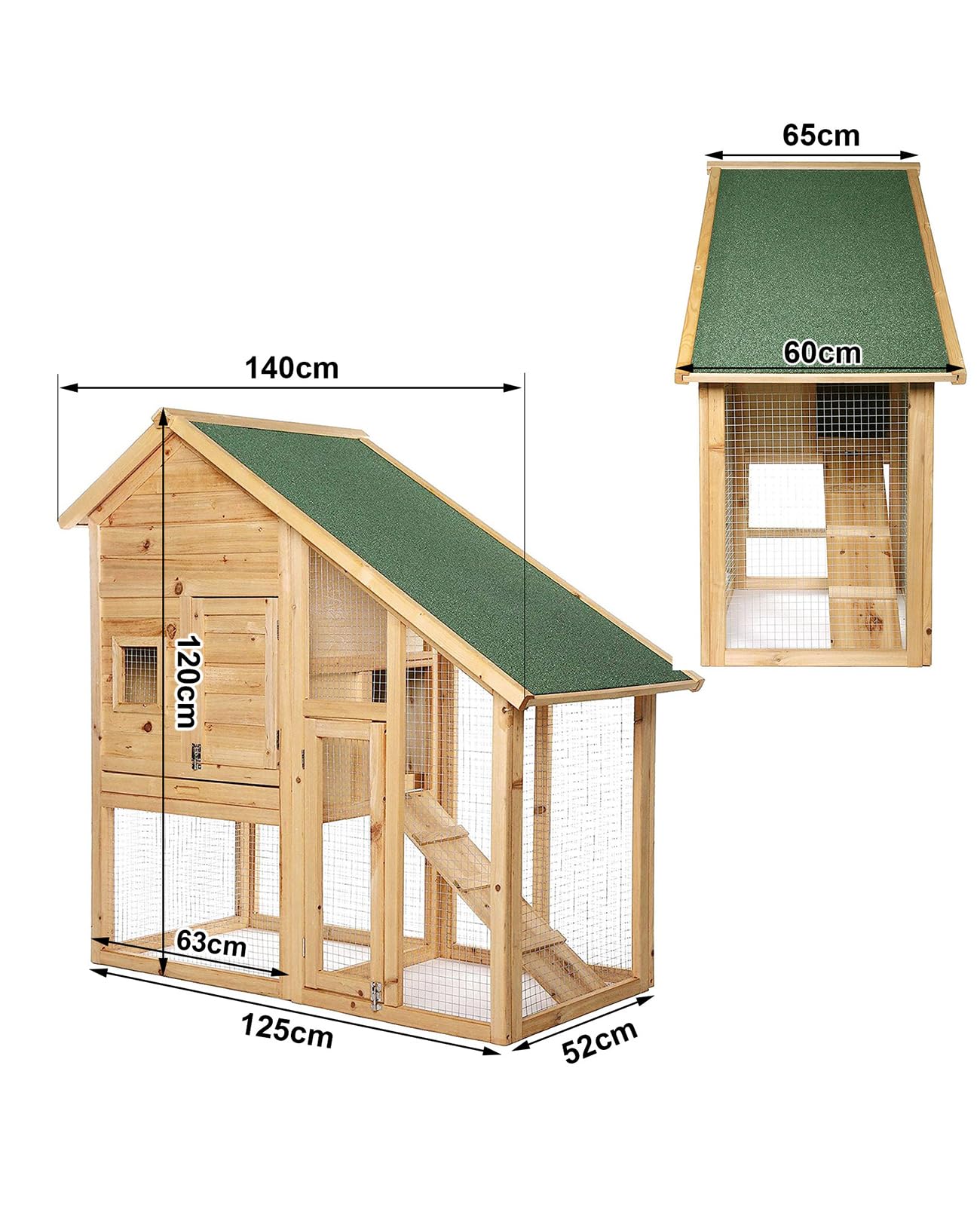 lionto Conejera de Madera caseta Exterior para Mascotas pequeñas cobertizo 140x65x119 cm | Conejera con rampa, 2 entradas, rejillas metálicas, techo de betún protegido contra la intemperie y cajón extraíble