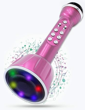 Pick Ur Needs Karaoke Mic with Led Light Wireless Bluetooth Microphone Connection Player Speaker 2 in 1 with Recording + USB + FM (Pink)