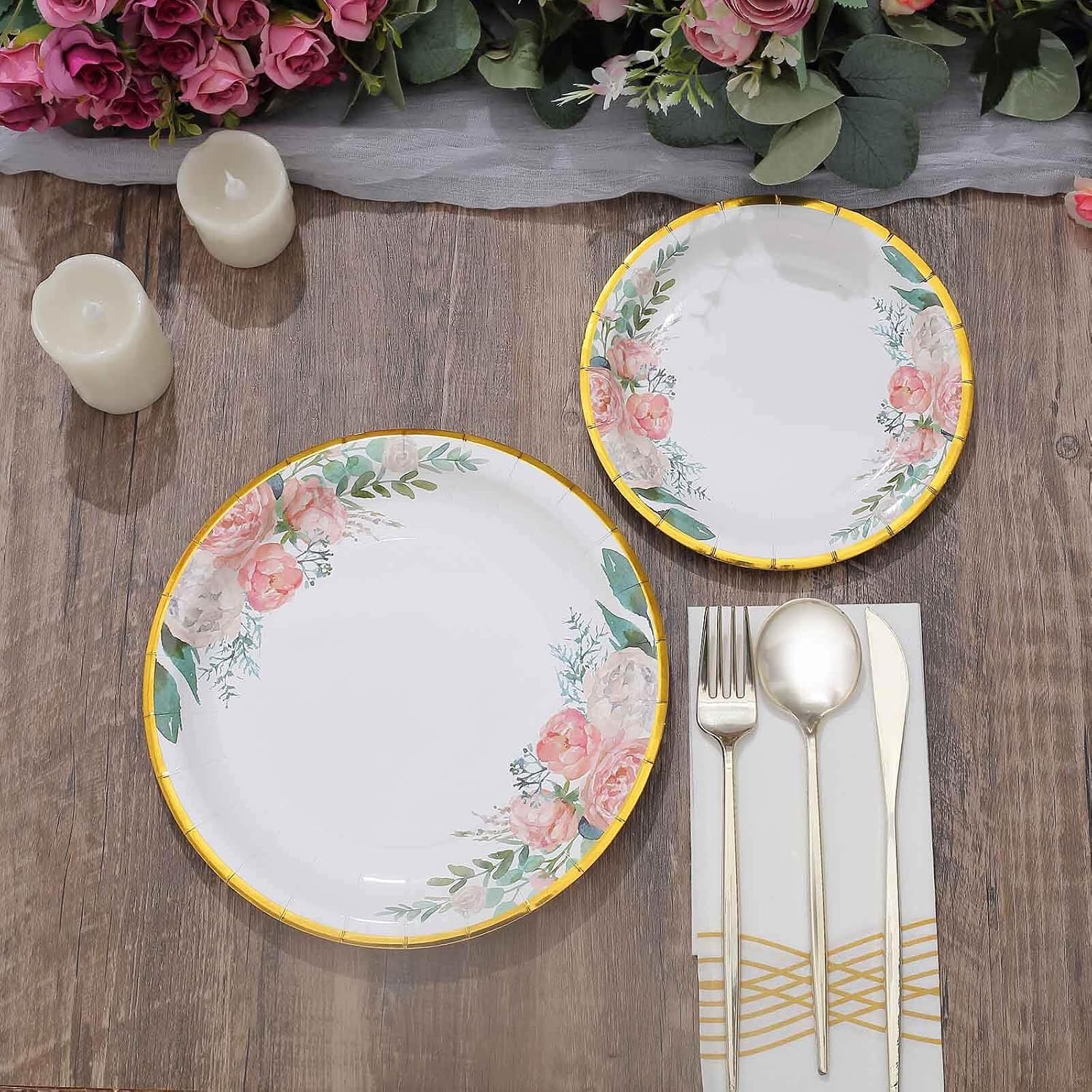 Efavormart 25-Pack 9" White Elegant Floral Gold Rim Paper Plates; Premium Disposable Dinner Plates for High-End Catering, Formal Banquets and Anniversary Parties