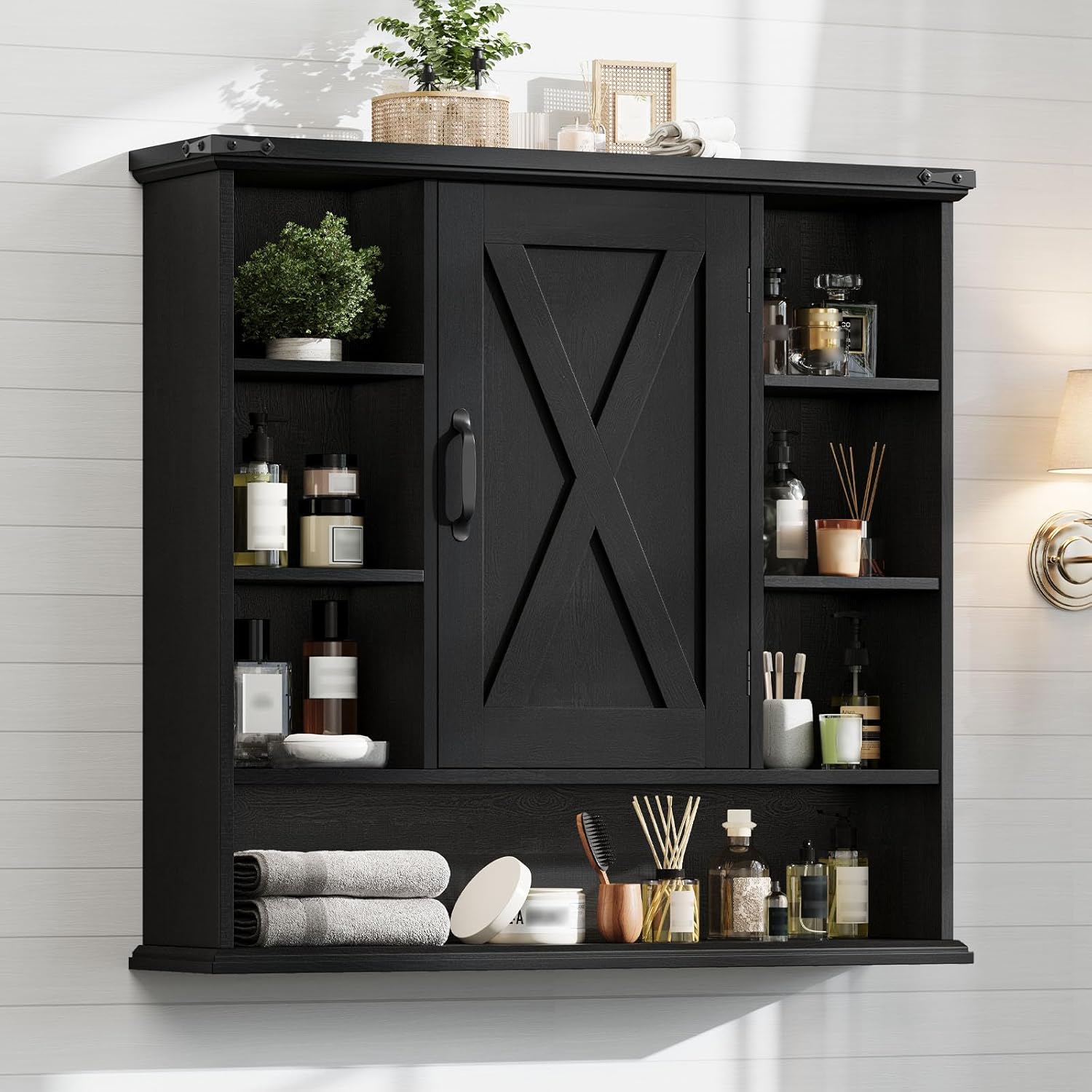 Bathroom Wall Cabinet, Farmhouse Medicine Cabinet with Adjustable Shelves and Barn Doors, Large Wall Mounted Over the Toilet Storage Cabinet for Bathroom, Laundry Room, Kitchen, Rustic Black