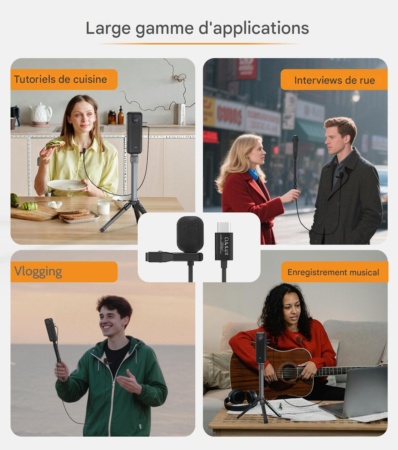 Microphone Lavalier Cubilux pour Insta 360 X4, Microphone Filaire Omnidirectionnel à Haute Sensibilité, Idéal pour Le Vlogging, Les Entretiens, Le Streaming, Les Conférences et la Diffusion, Câble de