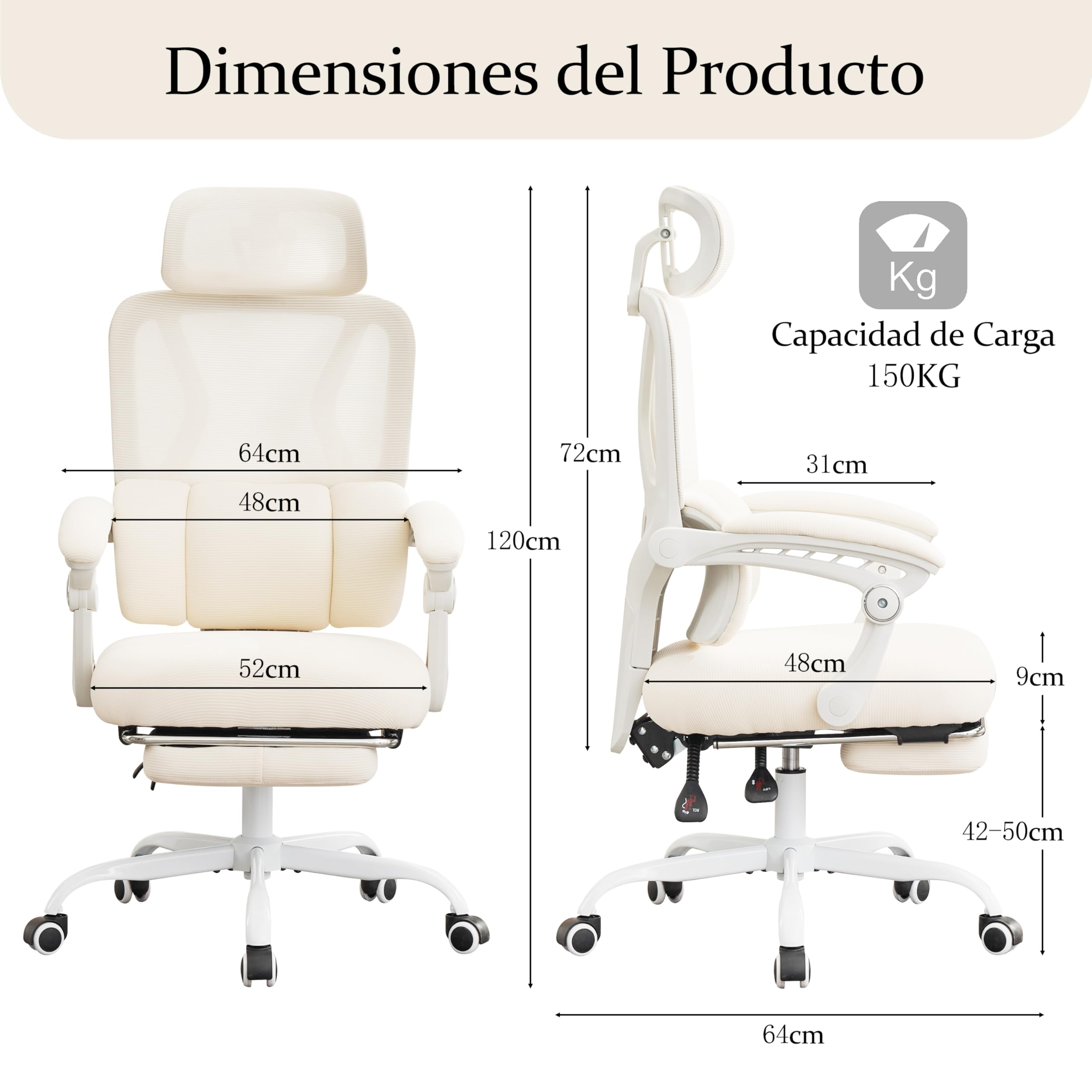 UEV Silla de Oficina Ergonómica Lumbar con Ajuste de 90°-135°, Silla de Oficina con Cómodo Soporte Corporal, Sillas Ergonómicas Estables y Funcionales, 64x64x(112-120) cm, Beige | Silla giratoria de escritorio, inclinable hasta 135°, altura regulable, sop