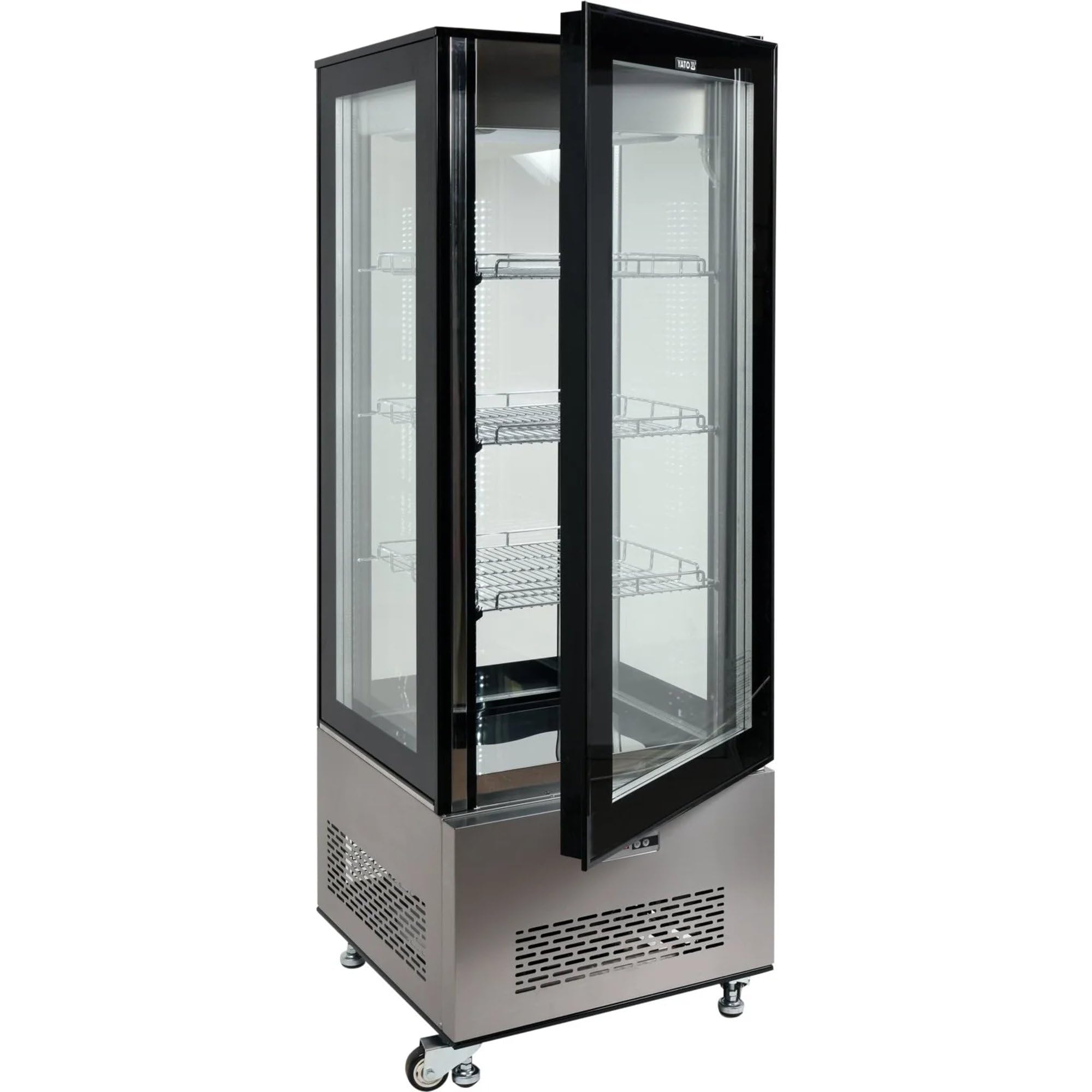 YATO 400L Kühlvitrine in Schwarz, 65x65x190cm - Präsentationsvektor, Gastronomie, Catering, Lagerung, Kühldisplay mit LED-Beleuchtung