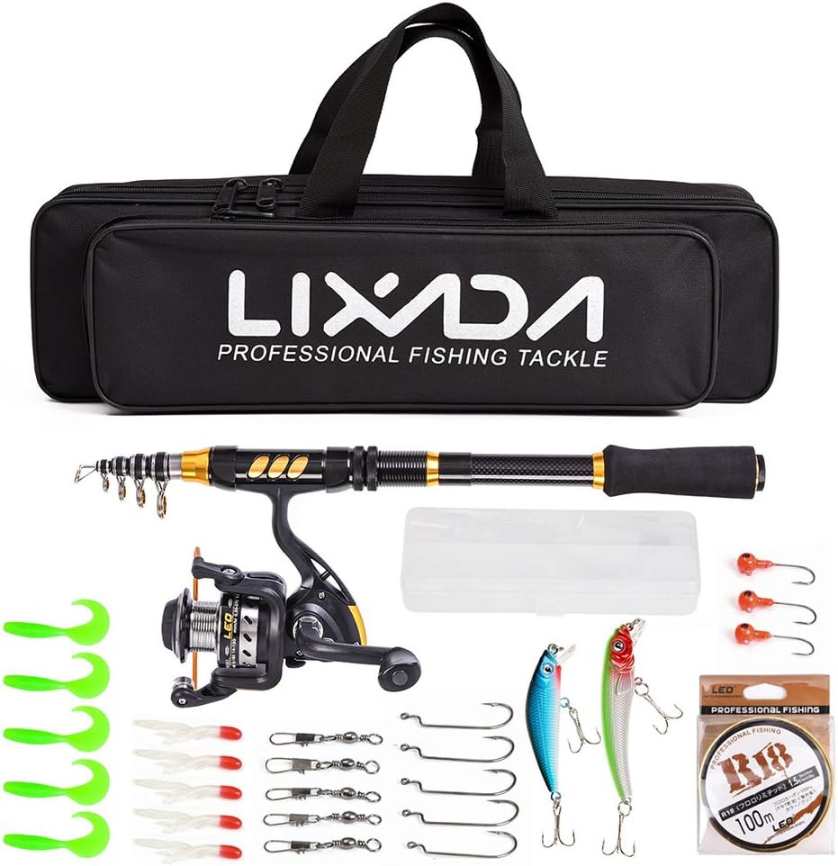 Lixada Telescopic Fishing Rod Reel Combo,Carbon Fiber Spinning Fishing Rod Reel with Fishing Line Lures Hooks Accessories Kit (1.8m)