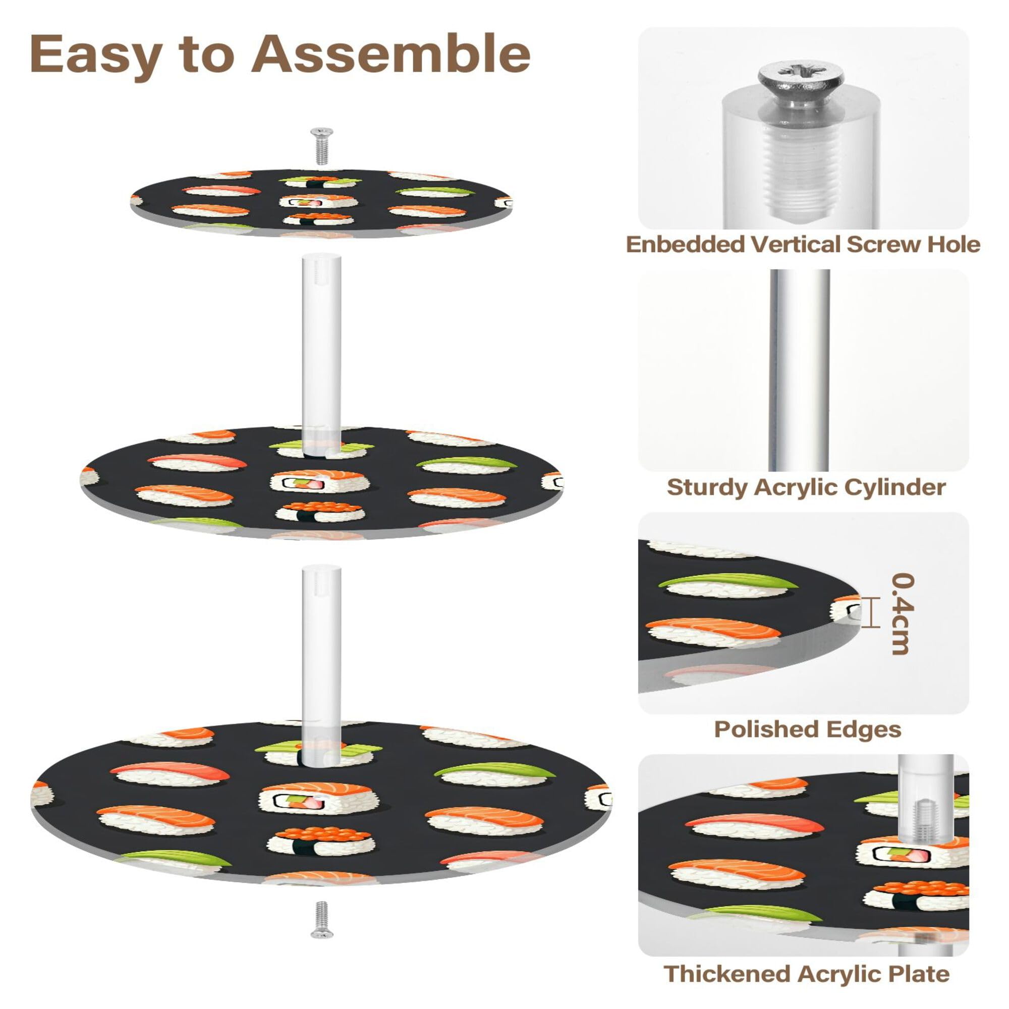 PYBUG Sushi Pattern 3 Tier Acrylic Cupcake Stands Tower,Dessert Table Display Set for Tea Party,Wedding,Birthday, Baby Shower